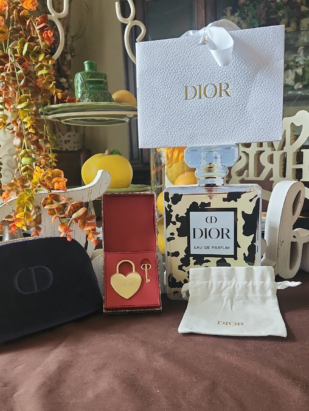 Dior 5pc Bundle Lock And Key,  Cosmetic Pouch with Embossed CD Logo, Dust Bag